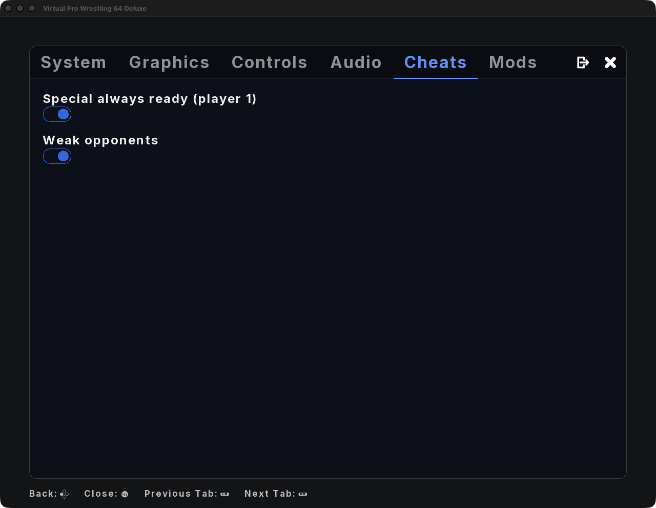 The Game tab with the cheats